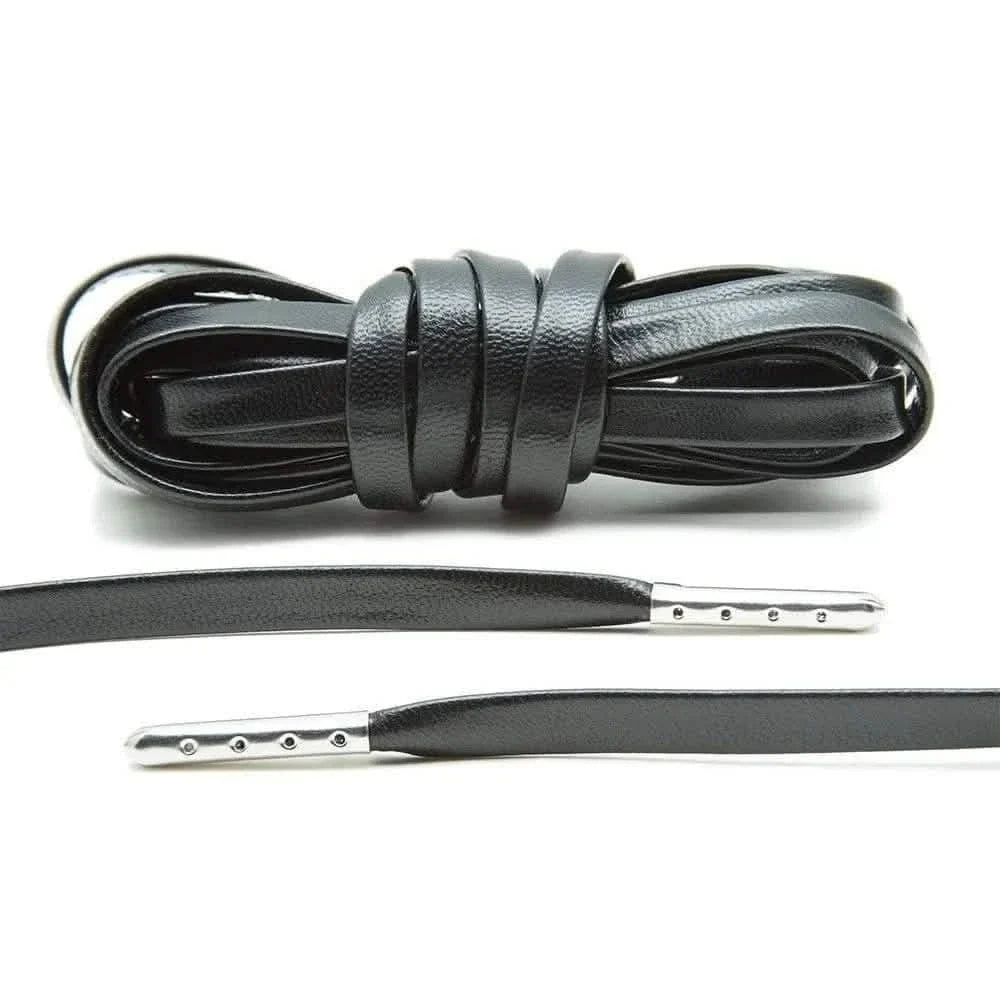Black Leather Shoe Laces with Silver Metal Tips