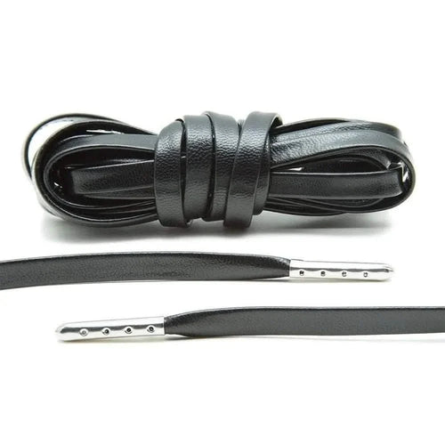 Black Leather Shoe Laces with Silver Metal Tips