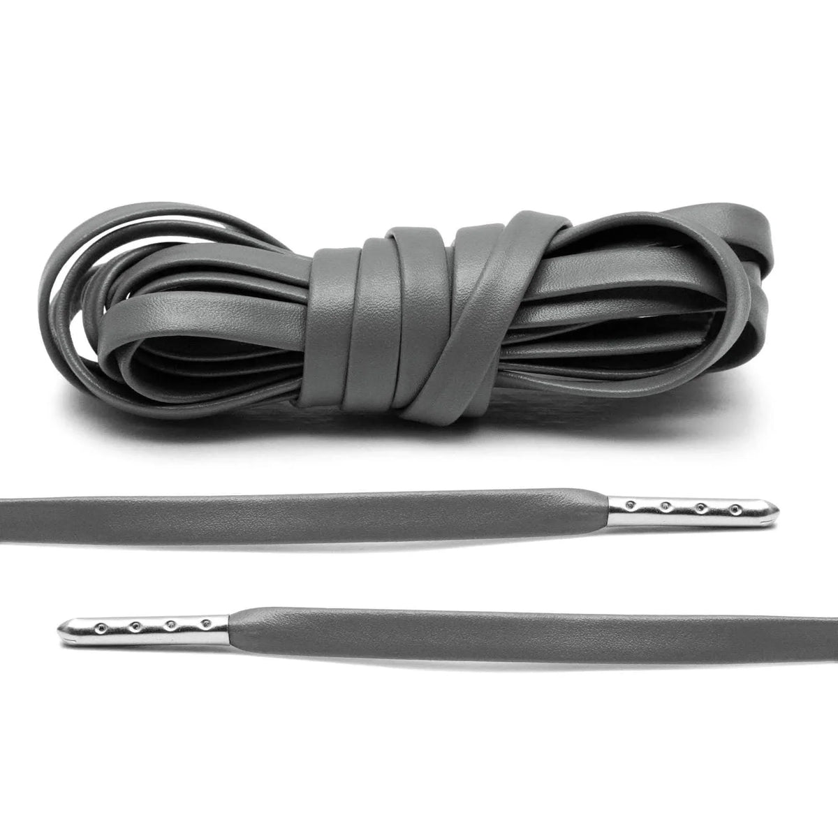 Grey Leather Shoe Laces with Silver Metal Tips