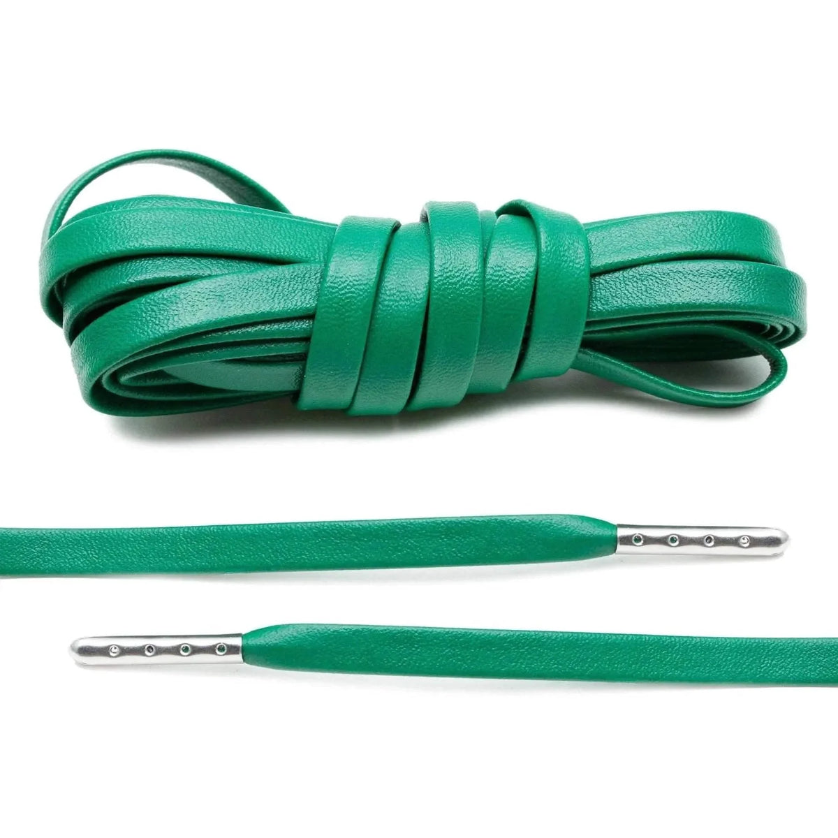 Kelly Green Leather Shoe Laces with Silver Metal Tips