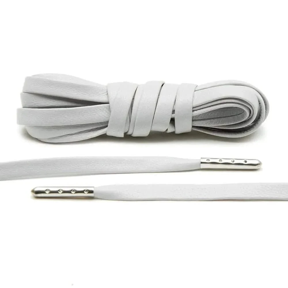 Light Grey Leather Shoe Laces with Silver Metal Tips
