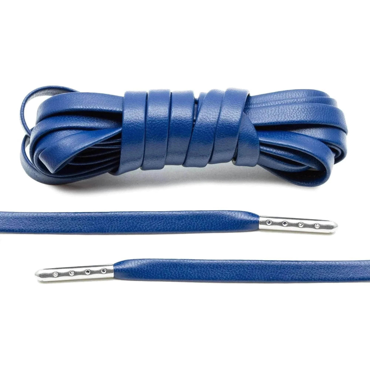 Navy Blue Leather Shoe Laces with Silver Metal Tips