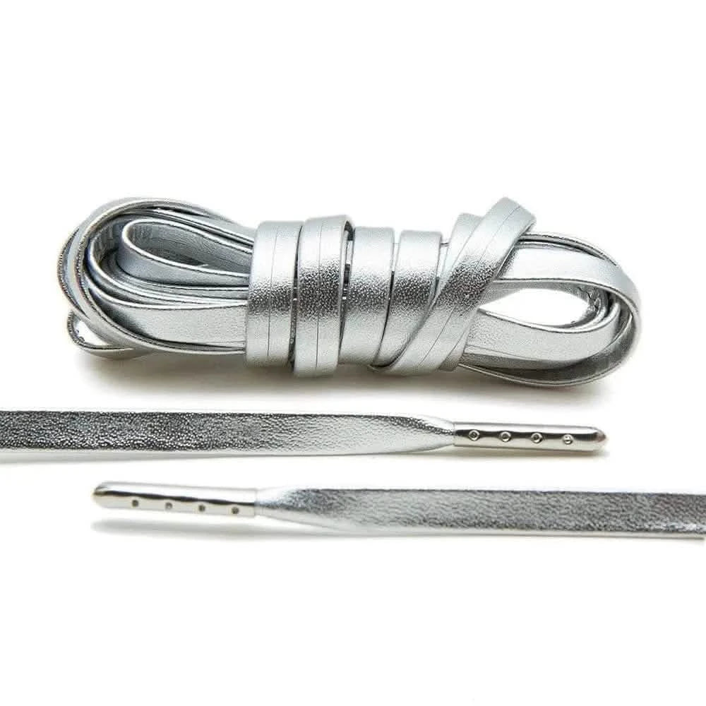 Silver Leather Shoe Laces with Silver Metal Tips